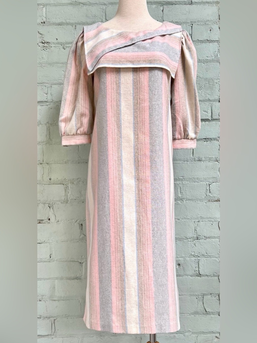 Vintage Pink, Cream & Gray Striped Midi Dress